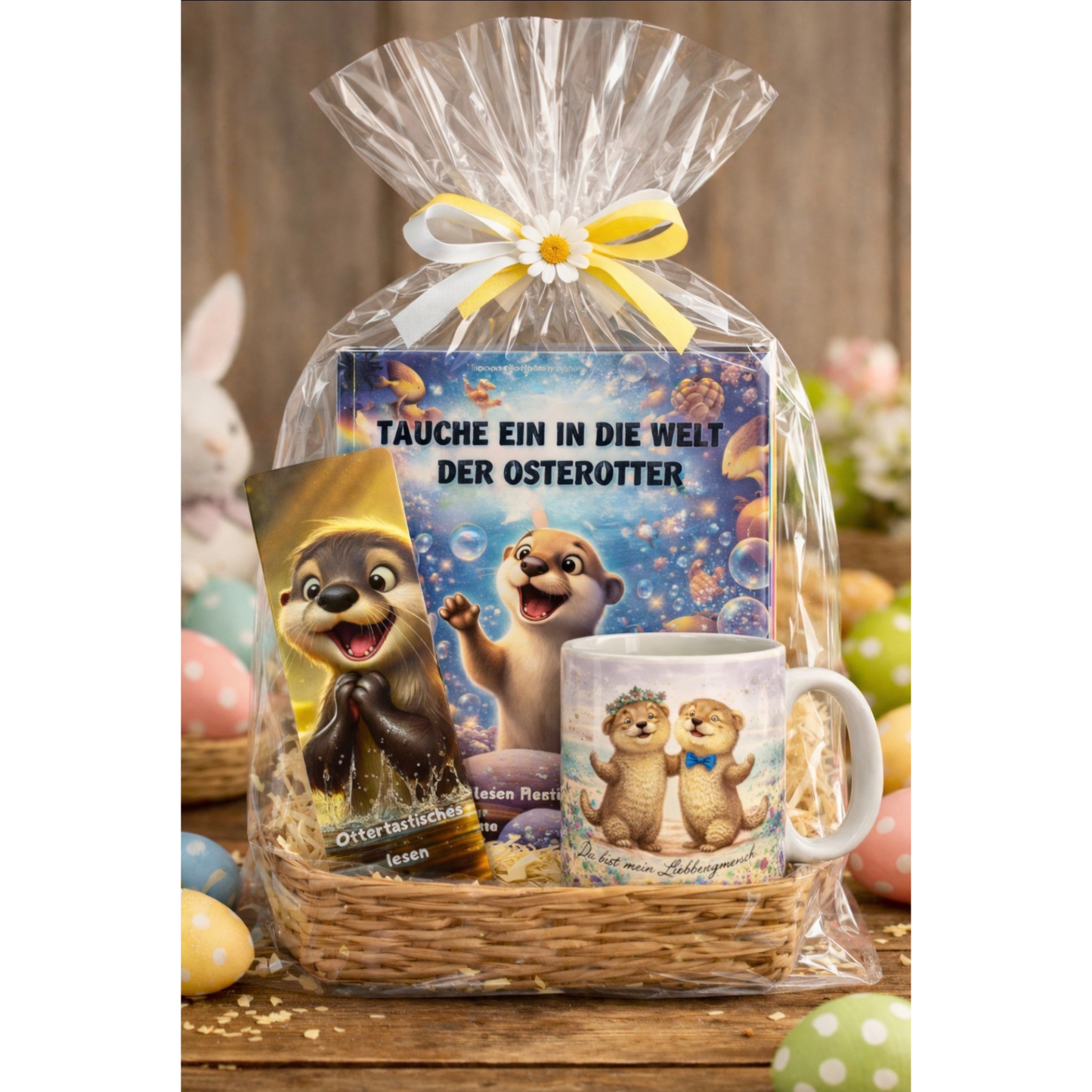 KATHEYA Oster Geschenkset - Otter Tasse, Buch & Lesezeichen