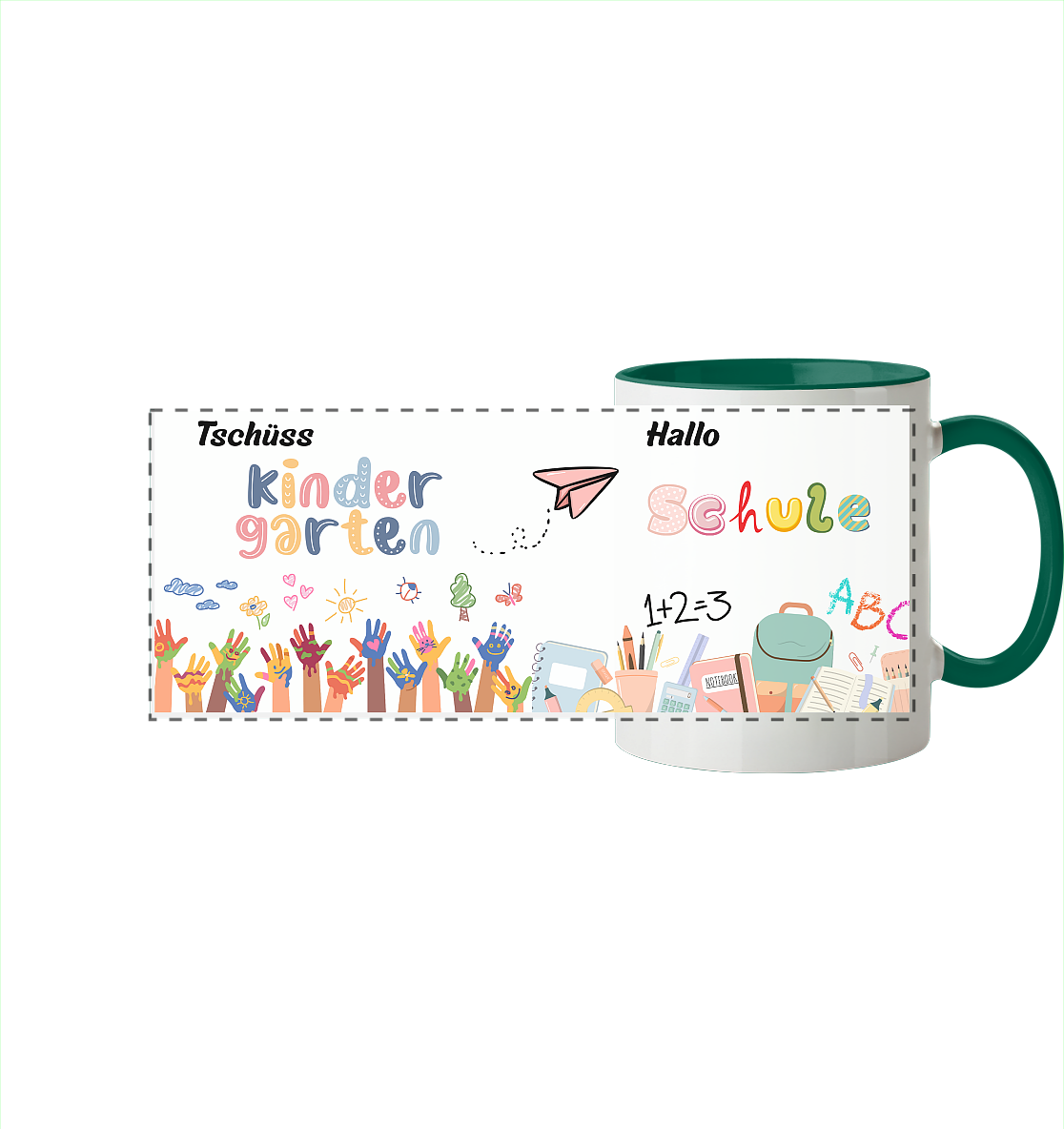 Schulanfang-Tschüß Kindergarten, hallo Schule - Panorama Tasse zweifarbig