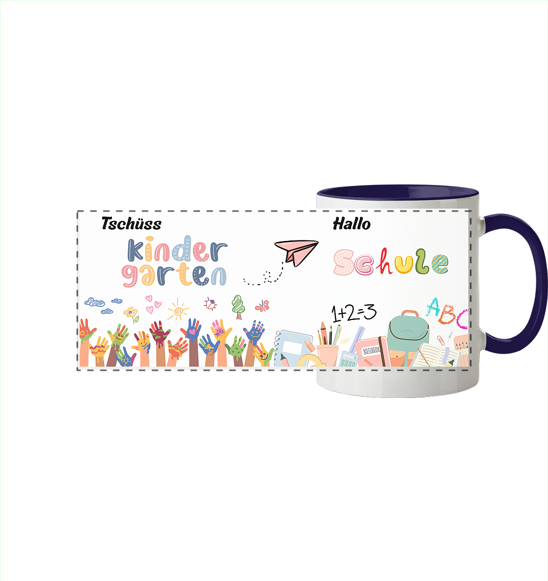 Schulanfang-Tschüß Kindergarten, hallo Schule - Panorama Tasse zweifarbig