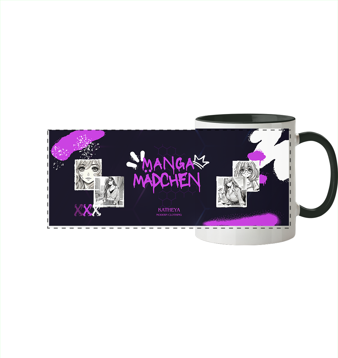 Manga Mädchen-mit Zeichnungen - Panorama Tasse zweifarbig