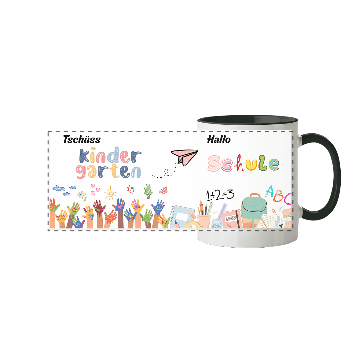 Schulanfang-Tschüß Kindergarten, hallo Schule - Panorama Tasse zweifarbig