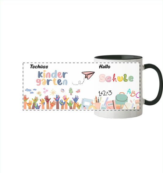Schulanfang-Tschüß Kindergarten, hallo Schule - Panorama Tasse zweifarbig