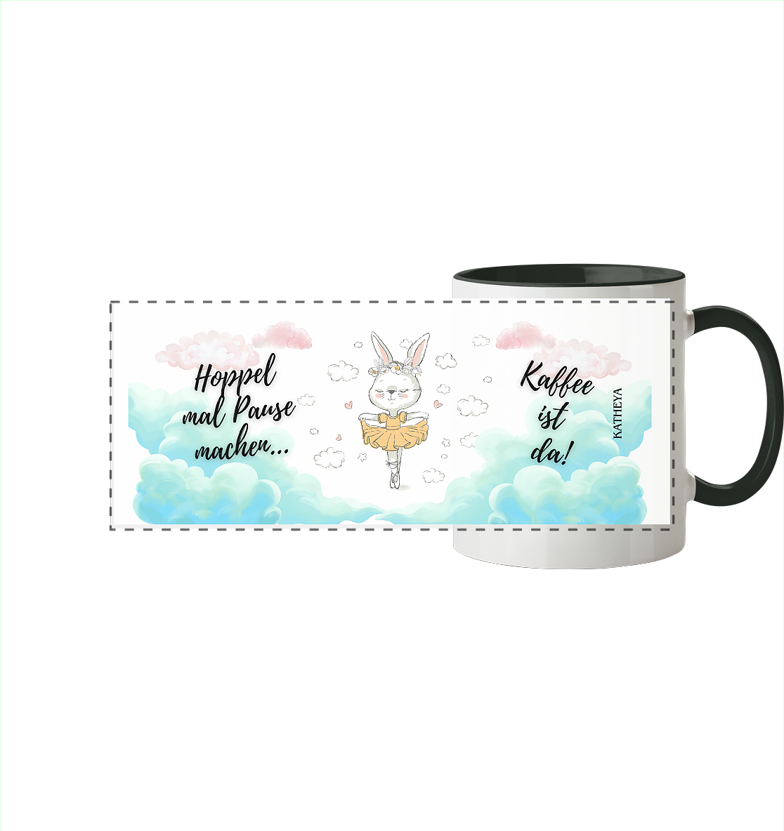 Hase - Hoppel mal Pause machen, Kaffee ist da - Panorama Tasse zweifarbig