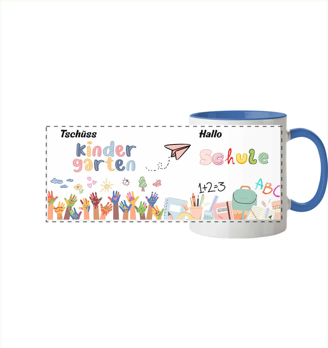 Schulanfang-Tschüß Kindergarten, hallo Schule - Panorama Tasse zweifarbig