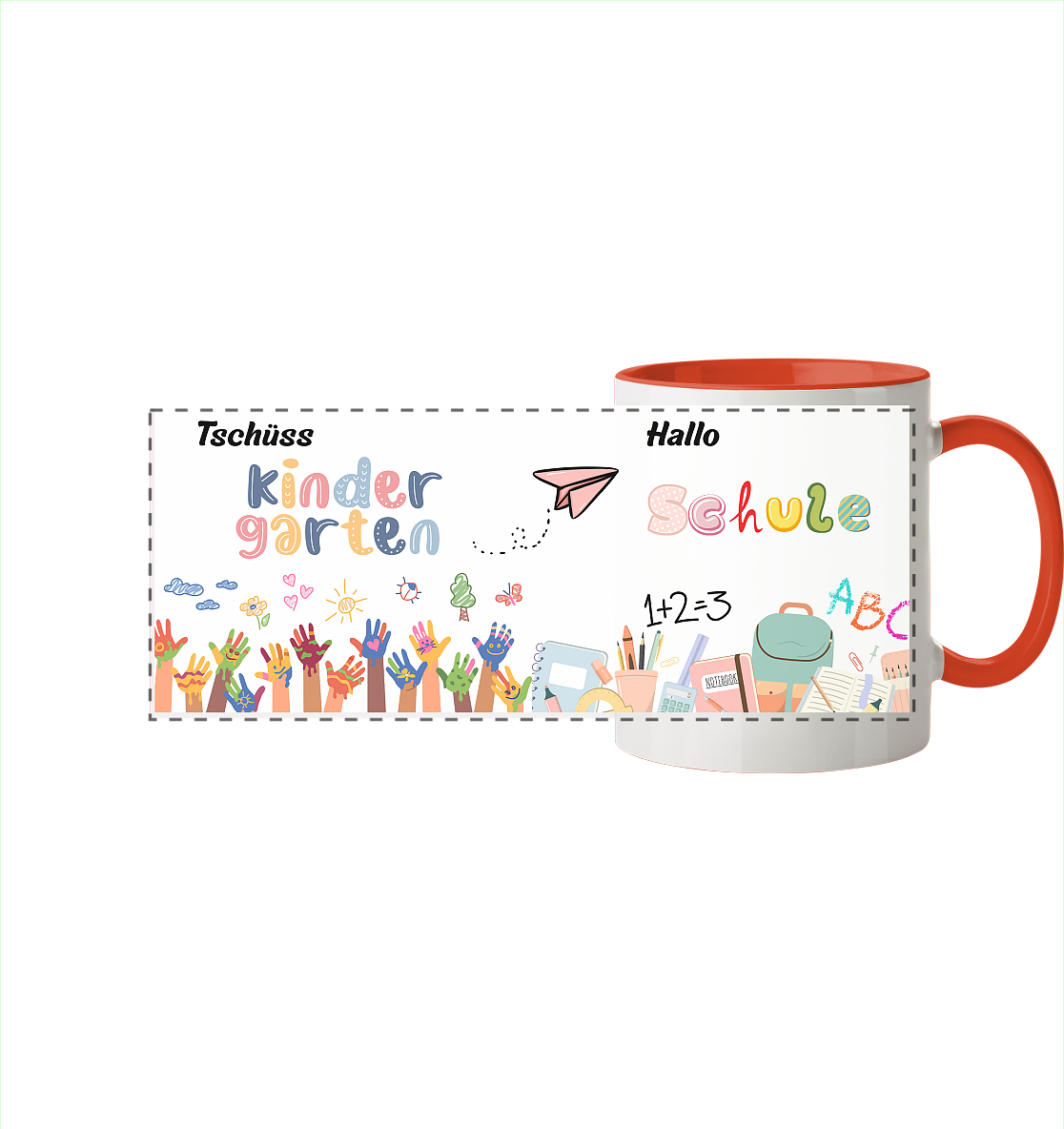 Schulanfang-Tschüß Kindergarten, hallo Schule - Panorama Tasse zweifarbig