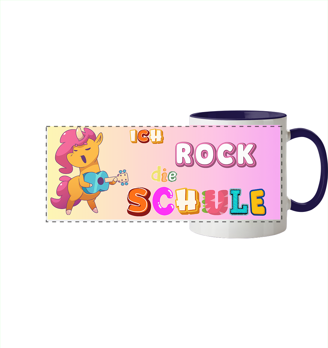 Schulanfang-Ich Rock die Schule Einhorn Gitarre - Panorama Tasse zweifarbig