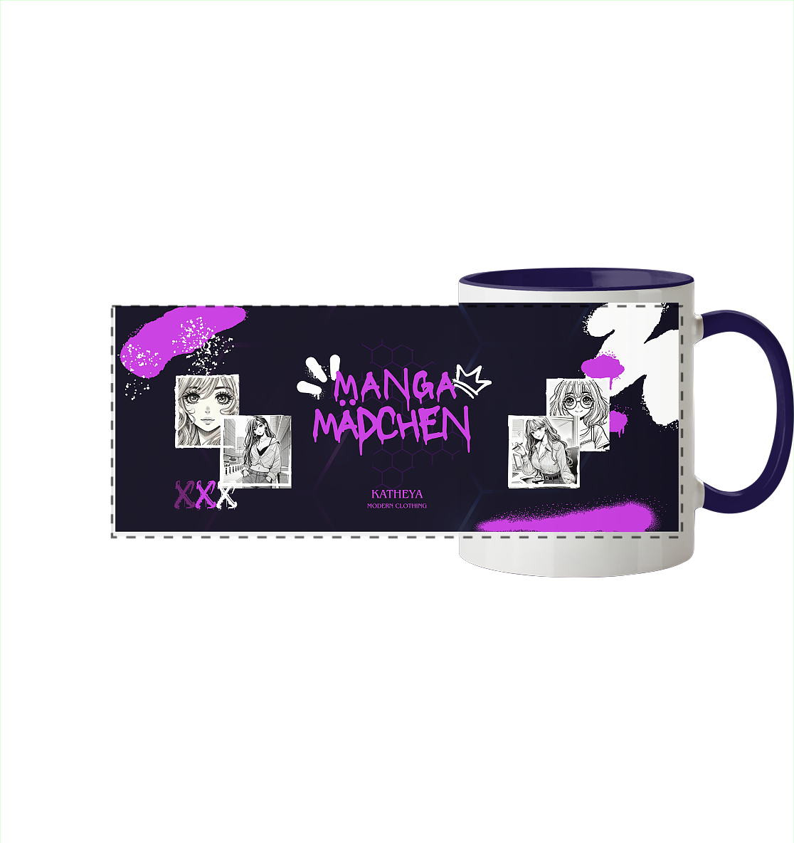 Manga Mädchen-mit Zeichnungen - Panorama Tasse zweifarbig