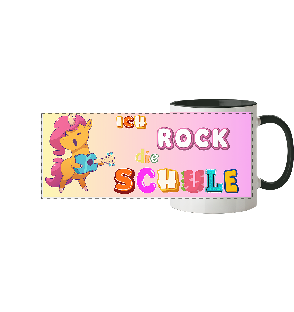 Schulanfang-Ich Rock die Schule Einhorn Gitarre - Panorama Tasse zweifarbig