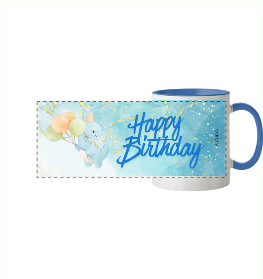 Dino - Happy Birthday - Panorama Tasse zweifarbig