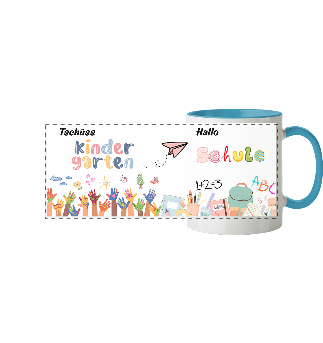 Schulanfang-Tschüß Kindergarten, hallo Schule - Panorama Tasse zweifarbig