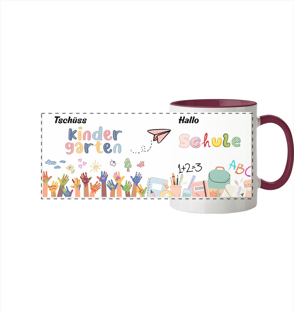 Schulanfang-Tschüß Kindergarten, hallo Schule - Panorama Tasse zweifarbig