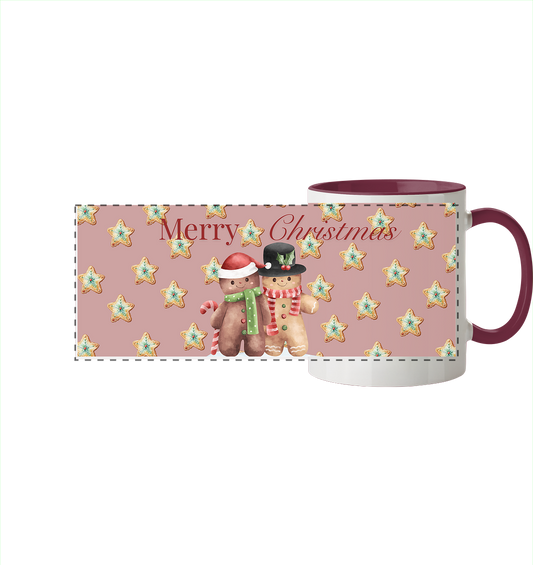 Merry Christmas-Lebkuchenpaar - Panorama Tasse zweifarbig