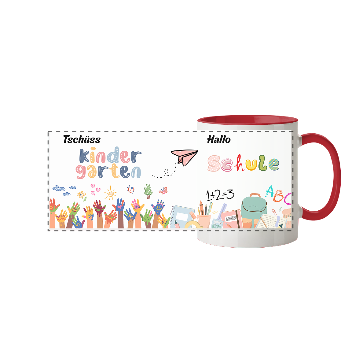 Schulanfang-Tschüß Kindergarten, hallo Schule - Panorama Tasse zweifarbig