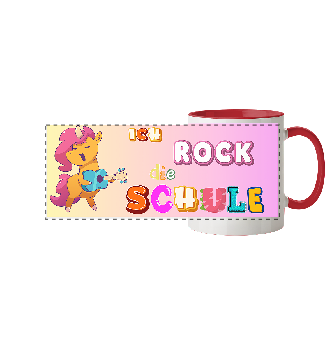 Schulanfang-Ich Rock die Schule Einhorn Gitarre - Panorama Tasse zweifarbig