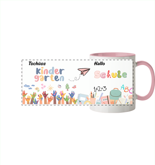 Schulanfang-Tschüß Kindergarten, hallo Schule - Panorama Tasse zweifarbig
