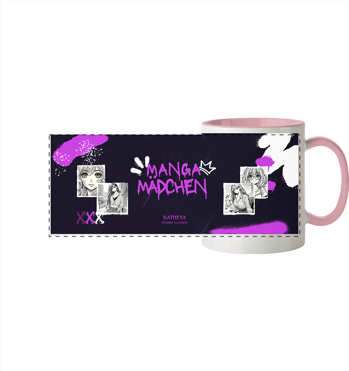 Manga Mädchen-mit Zeichnungen - Panorama Tasse zweifarbig