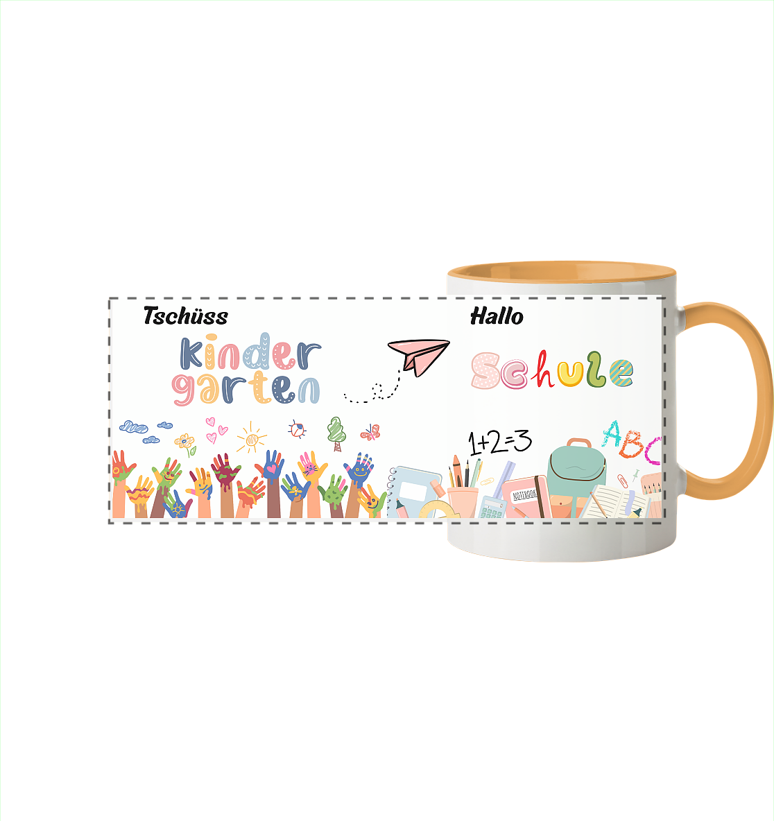 Schulanfang-Tschüß Kindergarten, hallo Schule - Panorama Tasse zweifarbig
