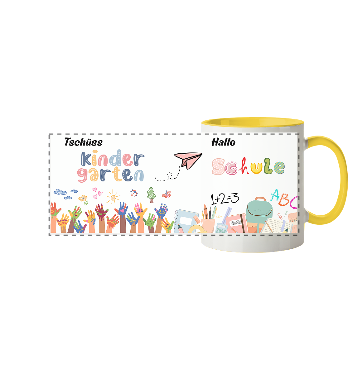 Schulanfang-Tschüß Kindergarten, hallo Schule - Panorama Tasse zweifarbig