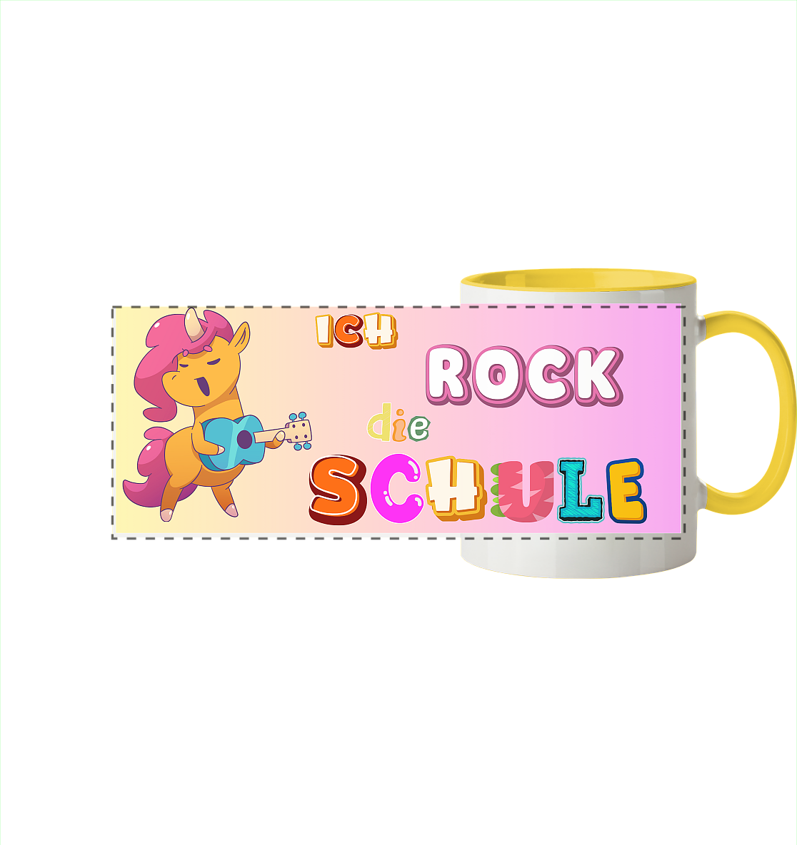 Schulanfang-Ich Rock die Schule Einhorn Gitarre - Panorama Tasse zweifarbig